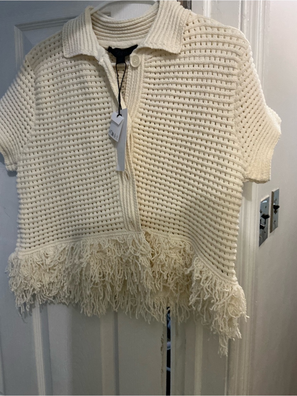 Zara Cream Short-Sleeve Knit Cardigan with Fringe - Picture 3 of 4
